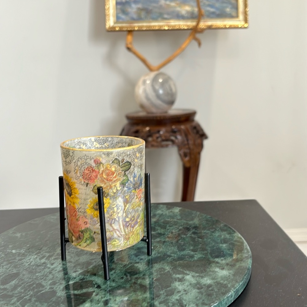 Handmade floral glass votive candle holder - sunflowers, roses, French country